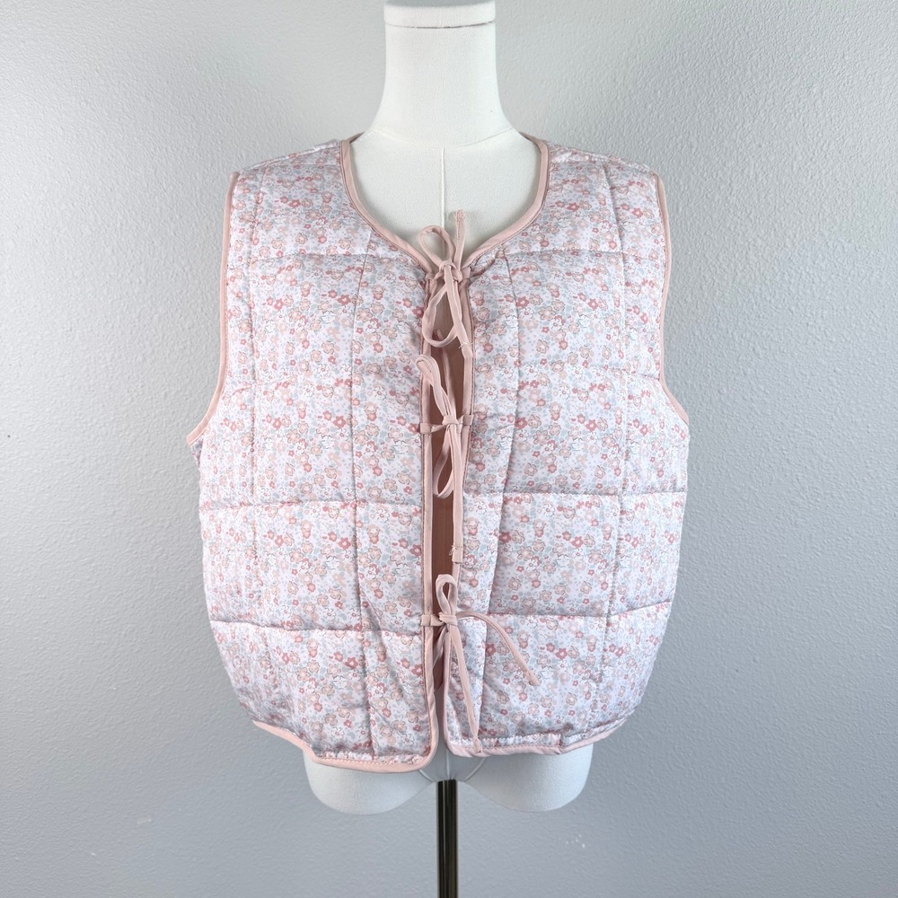 Stoosh Women XL Pink Floral Quilted Vest Tie Front Cottagecore Romantic Relaxed